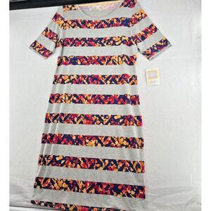 NWT LuLaRoe Women's Size 2XL Julia Gray Floral Striped Sheath T-Shirt Midi Dress